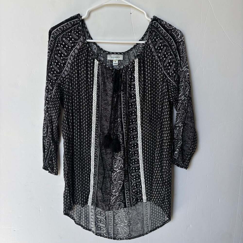 Dressbarn Black and White Paisley Print Tassel Tie Blouse Size M